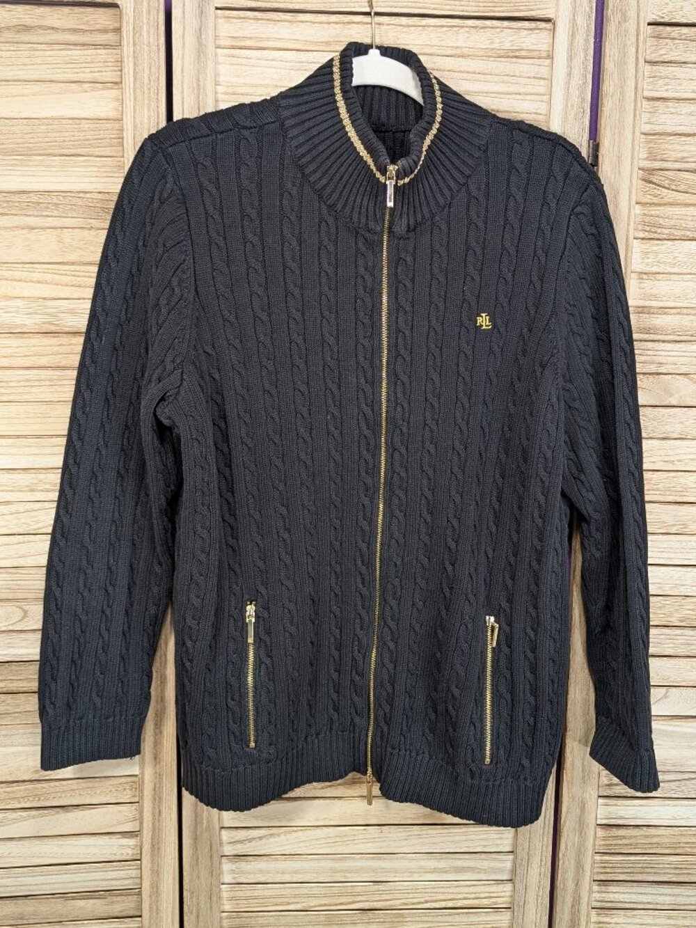 Ralph Lauren Black Cable-Knit Full Zip Sweater with Gold Accents Size Large
